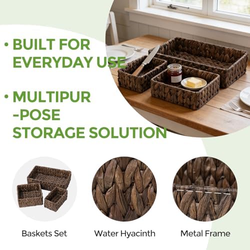 Wicker Storage Baskets Set of 3, Large and Small Pantry Baskets Set, Brown
