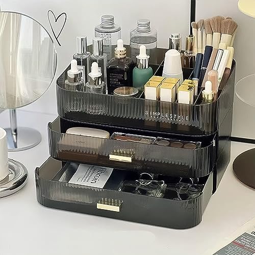 Makeup Organizer for Vanity, Large Desk Organizer with Stackable Drawer for Cosmetics, Skincare, Lipsticks, Palette, Nai