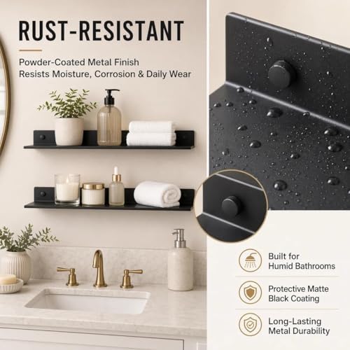 Z metnal Bathroom Shelf, Small Floating Wall Shelves, Decorative Ledge Shelf, Aluminum, Wall Mounted, Matt Black, 16/12/