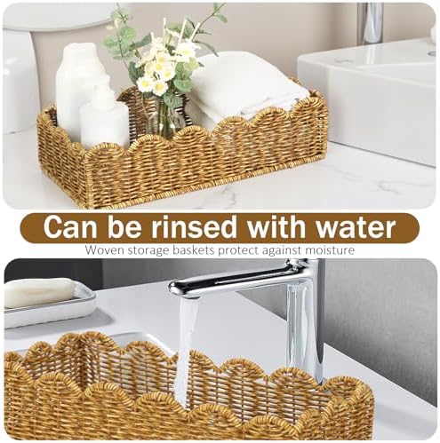 Scalloped Toilet Paper Basket - Resin Wicker Water-Resistant Storage Toilet Tank Topper Boho Style Set of 2