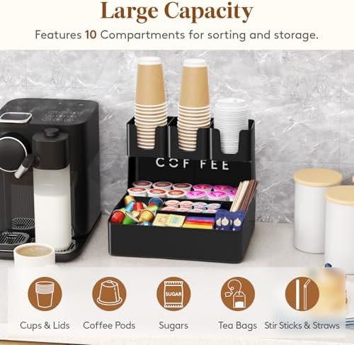Lifewit 2-tier Coffee Station Organizer, 10 Compartments, Black, Plastic