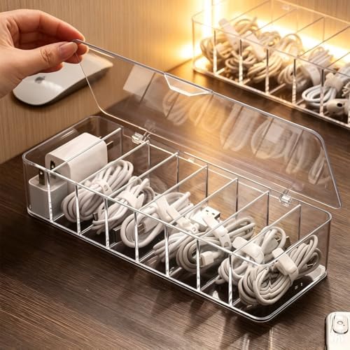 4Pcs cord organizer box with Lid, 10.2 x 3.5 x 2.2in, Desktop Cord Organizer with Compartments (4)
