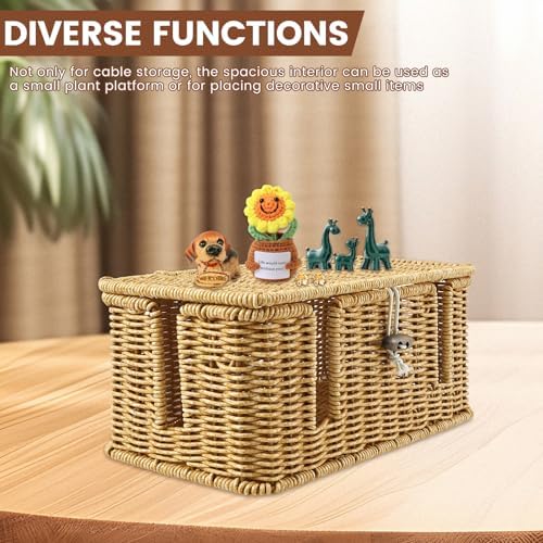 Handmade Cable Management Box, Imitation Rattan Cord Organizer Box with 2 Open Slots, Cable Organizer for Desk to Hide P