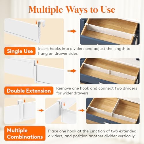 Lifewit 3.1" High 6 Pack Hanging Kitchen Drawer Dividers, 26-42cm/10-17 Adjustable Drawer Organizers for Utensils, Expan