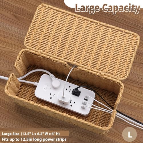 ZhiYo Rattan Cable Management Box, Brown Cord Organizer, 13.5" x 6.2" x 6"