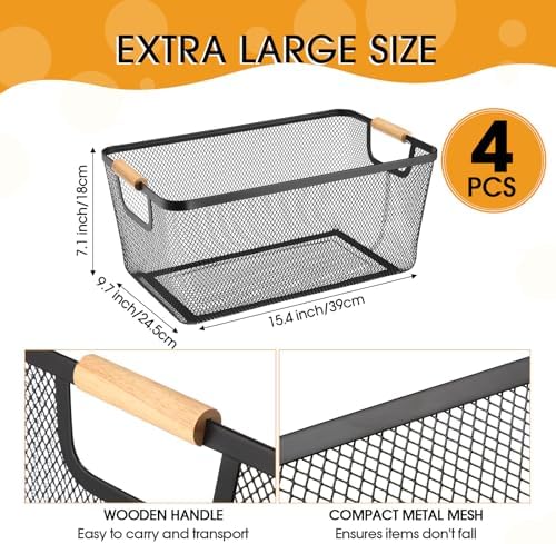 Ziliny 4 Pcs Mesh Wire Baskets for Organizing, Extra Large, Black