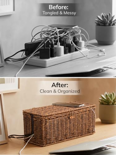 BROWNLILY Cable Management Box, Rattan Style Cord Organizer for Desk Cord Hider Outlet Covers for Power Strip Router Cha