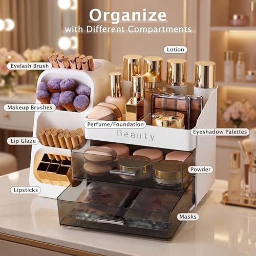 Makeup Organizer for Vanity with Brush Holder, Countertop Makeup organizer with Drawers for Skincare, Cosmetics, Perfume