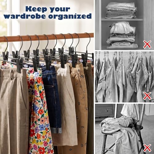 16 Pack Pants Hangers with Clips, 12.2 Inch Slim Metal Clothes Hangers with 360° Swivel Hooks, Heavy Duty Space Saving Closet Hangers for Jeans, Slacks, Shorts, Skirt (Black)