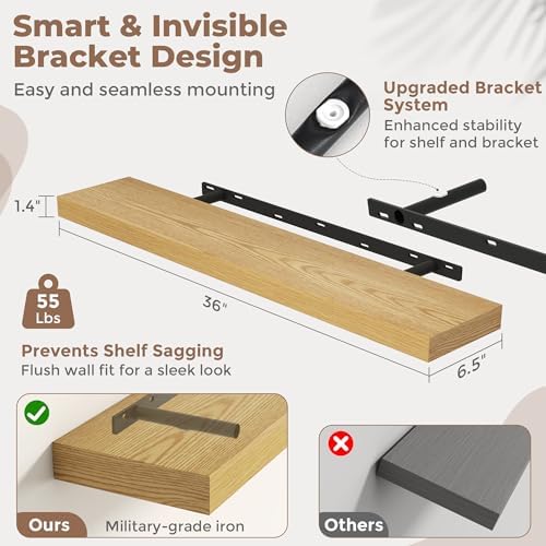36 Inch Floating Shelves for Wall, 6.5"D Wood Storage Shelves, Oak Finish