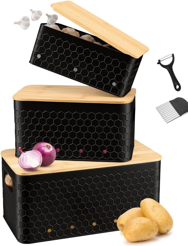 Kitchen Vegetable Storage Set of 3, Metal Onion Garlic Potato Storage Set, Kitchen Canisters Vegetable Keeper Containers
