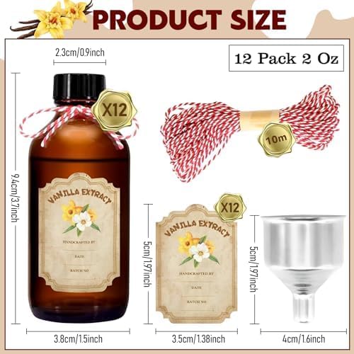 12 Pack 2 Ounce Amber Glass Bottle with Lids Vanilla Extract Homemade Brown Bottle 2 oz and 12Pcs Vanilla Extract Stickers for Syrup Gift Glass