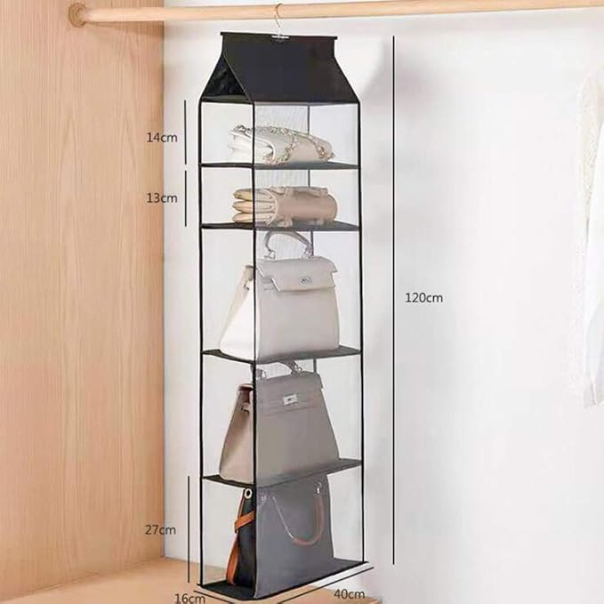 Improved Closet Handbag Purse Holder with 5 Large Heavy-Duty Mesh Shelves, Space Saving Hanging Handbag Storage Tote Bag Organizer Holder for Wardrobe Closet(Black)