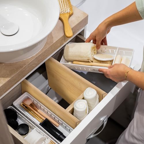 DoubleFill 8 Pcs Deep Bamboo Drawer Dividers, Deep Kitchen Dresser Drawer Organizer with Spring Loaded for Clothes, Adju