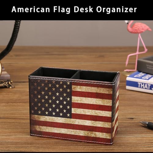 Patriotic Pen Holder, American Flag Desk Organizer, USA Flag Pencil Holder Office Home Accessories, PU Leather Retro Vintage Cool Supplies Patriotic Decor