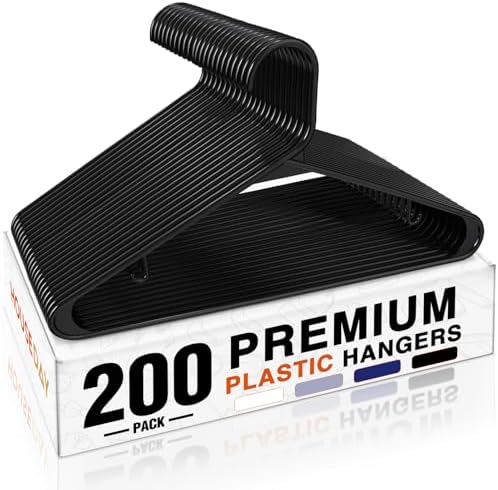 HOUSE DAY Black Plastic Hangers 200 Pack, Slim Space-Saving Clothes Hangers