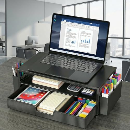ECOLOVI Desk Organizer and Accessories, 2-Tier Computer Monitor Stand Rise with Storage Drawer & 2 Pen Holders, Laptop &