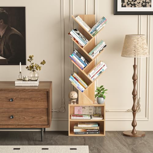 SHEEPAM 10-Tier Tree Bookshelf Floor Standing Narrow Space Storage Bookcase