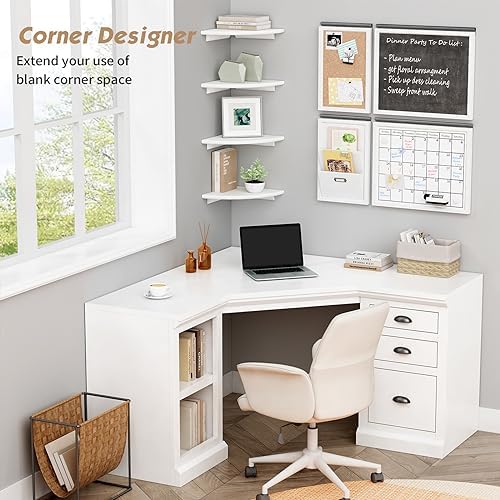 Forbena White Corner Floating Shelves for Wall Set of 4, Rounded Corner Shelves Wall Mounted for Kids Bedroom Books, Cut