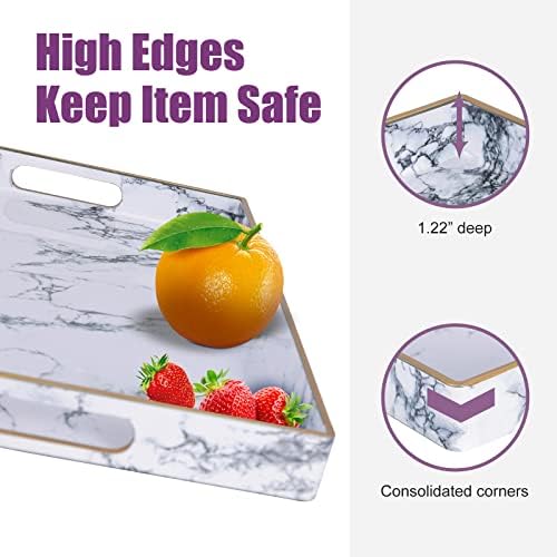 Gifturbo White Serving Tray, Marble Serving Trays with Handles,Rectangular Coffee Table Ottoman Tray Decorative Plastic 