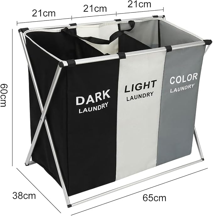 TEEM 3-Section Laundry Basket Organizer, Foldable Hamper with Dividers, 150L Large Capacity, Waterproof 600D Oxford Fabric, Freestanding Lightweight Clothes Sorter Bedroom, Dorm, Bathroom (24x15x26in)