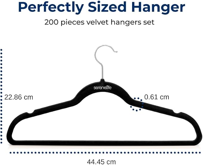 SereneLife Velvet Hangers – 200 Pack, Slim & Space Saving for Closets | Soft velvet grip prevents slipping on silk, satin & knitwear – 360° swivel hook fits all standard closet rods