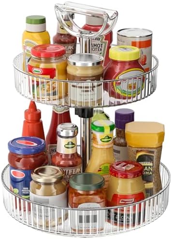 2-Tier Rotating Organizer with Handle – Adjustable Shelf, 360° Lazy Susan Turntable for Kitchen Countertop, Bathroom, Pa