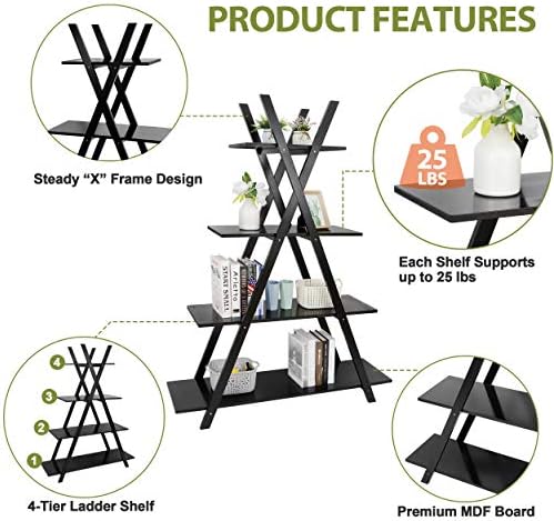 Nouva 4 Tier Ladder Bookshelf Storage Shelves, A Frame Wooden Ladder Open Display Shelves Floor Shlef Storage Furniture 