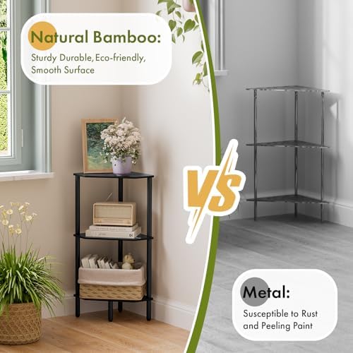 Black Corner Bathroom Shelf, 3 Tier Bamboo Kitchen Corner Shelves, Display Shelf, Shower Corner Caddy, Indoor Plant Stan