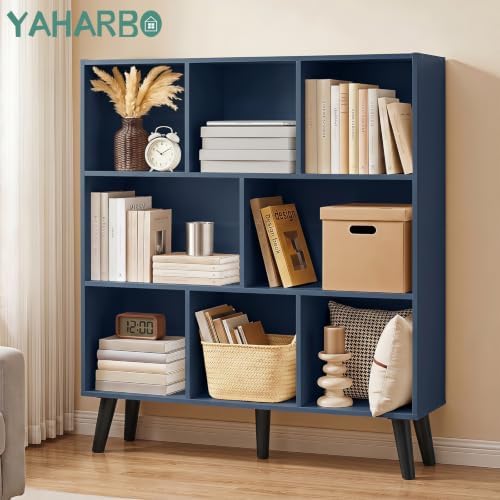 YAHARBO 8 Cube Bookshelf,3 Tier Bookcase with Legs,Dark Blue Mid-Century Modern Bookshelves,Large Free Standing Open Sto