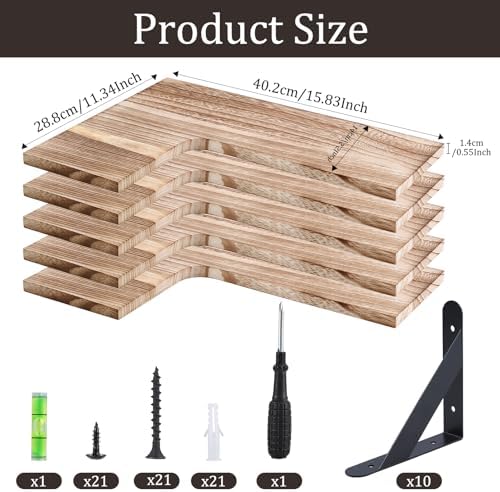 5 Pack Floating Shelves, Rustic Wood, Light Brown