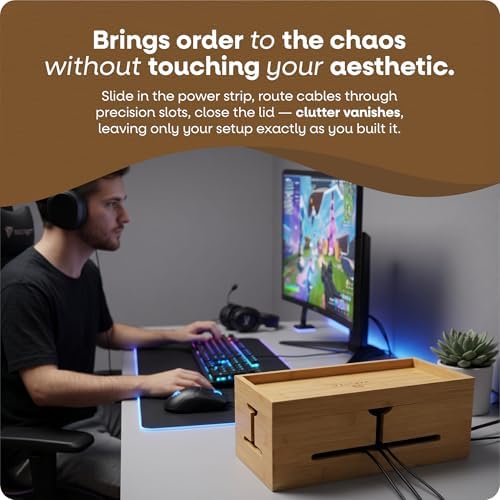Bamboo Cable Management Box, Large 13.4” Wooden Cord Organizer Box