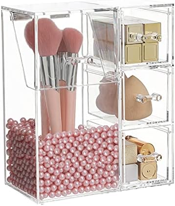 HOSEN Acrylic Makeup Organizer and Brush Holder With Lid Make up Organizer With Pearls Cosmetics Organizer Makeup Brushe