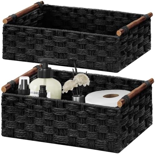 Vagusicc Wicker Storage Basket, Set of 2 Hand-Woven Paper Rope Wicker Basket for Organizing with Handle Decorative Stora