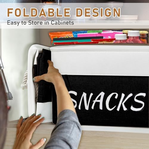 Snack Organizer for Pantry, Decorative Snack Basket with 10pcs Chip Clips, Snack Organizer for Desktop, Collapsible Snac