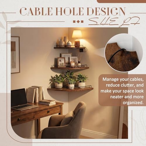 Novabright Corner Floating Shelf Set of 3 Rustic Brown Wood 9/10/12 in