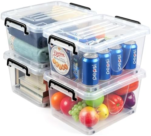 EOENVIVS 13L Storage Bins with Lids, 4 Pack Clear Storage Containers with Lids, Stackable Storage Boxes with Wheels, Org