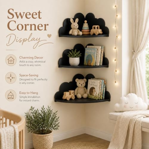 Cloud Corner Floating Shelves, Set of 3 Wall Mounted Shelves, Black