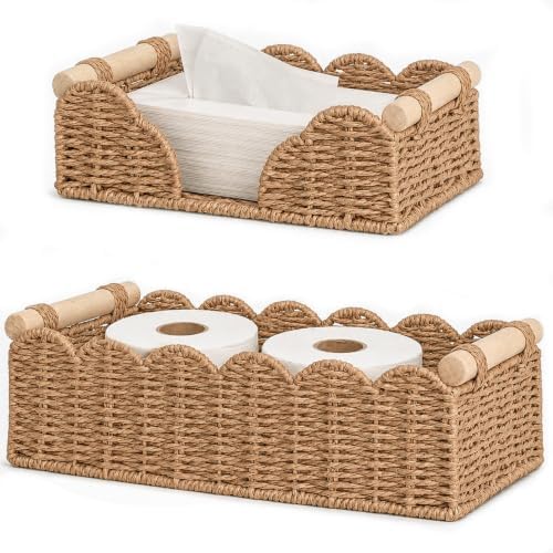 2 Pack Scalloped Paper Rope Toilet Paper Baskets with Wood Handles