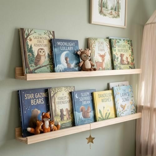 AZSKY 2pc 36in Natural Wood Floating Shelves, Country Rustic Style Wall Shelves for Kids Books, Photo Picture Ledge, Nur