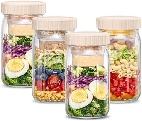 Danmu 32 oz Salad Jars with 2 Dressing Cups - Glass Mason Jar Meal Prep Containers,Wide Mouth,Leak Proof,Dishwasher Safe - Dry Wet Food Separation for Fresh Salad,Leftovers 4 Pack