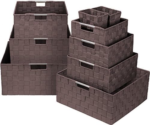 Sorbus Set of 9 Storage Baskets for Organizing, Mesh Hand-Woven Design, Linen Closet Organizers and Storage, Organizer Storage Baskets for Shelves, Variety Pack Organizers and Storage (Chocolate)
