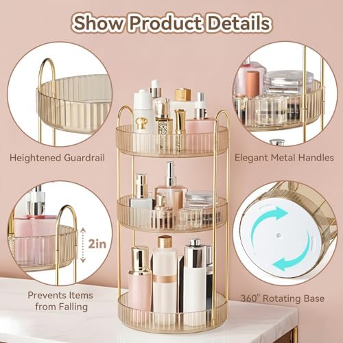 360° Rotating Makeup Organizer for Vanity, 3 Tier Perfume Organizers, Gold