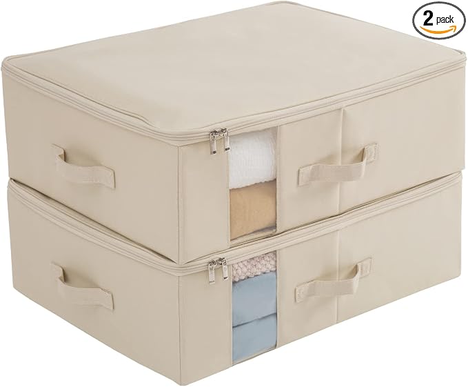 Under Bed Storage Containers Bags for Clothes, Blanket, Comforters Organizer with Clear window - 600D Cationic Fabric (M(21.7x16.5x7in) for under bed storage, Beige)