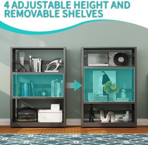 SteeLoong 3 Tier Bookshelf,Metal Storage Shelves, Wheels & Adjustable Feet