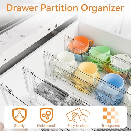 Yieach 8 Pack Clear Acrylic Drawer Divider 6 Inch High,Expandable from 14-20'',Adjustable Dresser Drawer Dividers for Ba