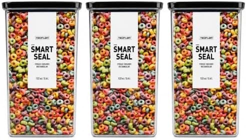 Smart Seal Airtight Food Storage Containers Set of 3, Extra Large 3.6L Pantry Containers for Cereal, Flour, Rice & Dry Food, Stackable BPA-Free Clear Canisters with Twist Lock Lids, Black, 122 oz