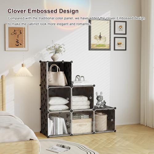 C&AHOME Clover Embossed Storage Organizer with Doors 6-Cube Shelf Black