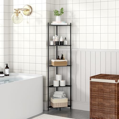 Corner Shelf Stand - 5 Tier Bamboo Small Corner Bookshelf for Office Kitchen Bedroom Plant Stand Living Room Decor Small