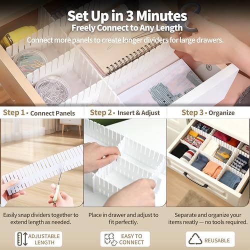 Adjustable Drawer Dividers, Cut-to-Fit DIY Organizers, White, 8 Pack